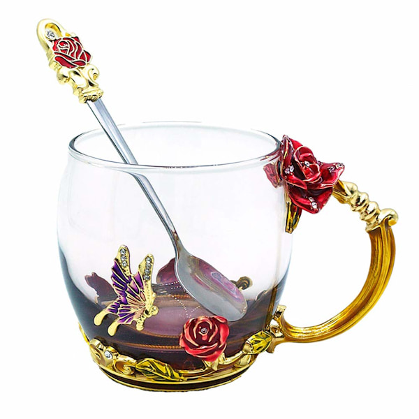 Fjärilsdesign Tekopp med Matchande Sked, Elegant Borosilikatglas Kaffemugg för Perfekt Gåva, Röd Ros Blomma Handgjord Emalj Dryckesbehållare