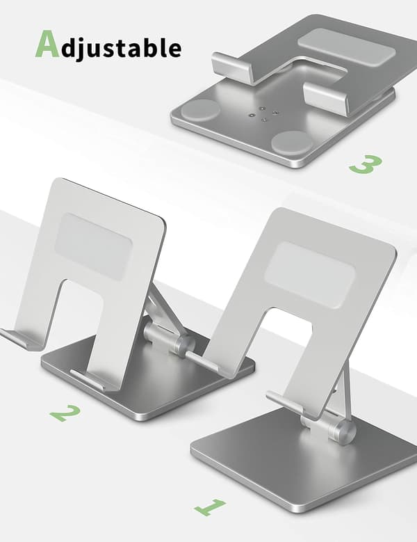 Justerbart tabletstativ til 7-13,3 tommer enheder, konstruktion i aluminiumslegering, universel støtte til flere mærker, ergonomisk indstilling og køling