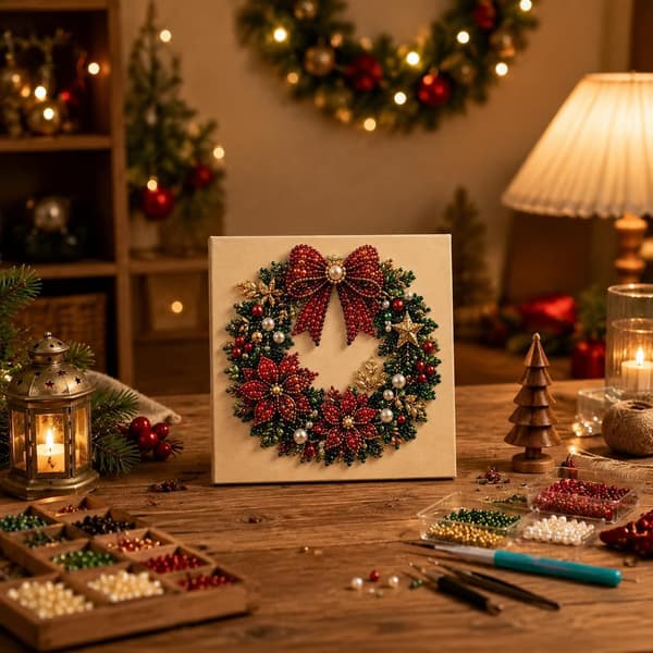 Juleperle- og diamantmalingssett, DIY-perlekunstsett for voksne—Julekrans ChristmasWreath