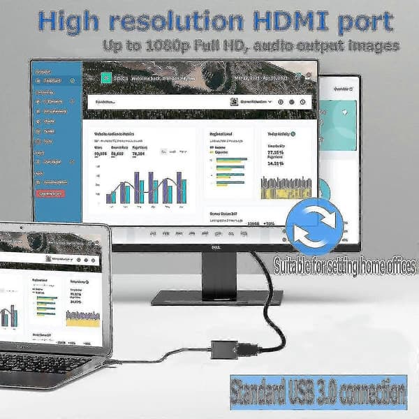 USB til HDMI-adapter, USB 3.0/2.0 til HDMI lyd- og videoadapter, HD 1080p videografikkabelkonverter for PC, bærbar PC HDTV TV kompatibel med Windows X