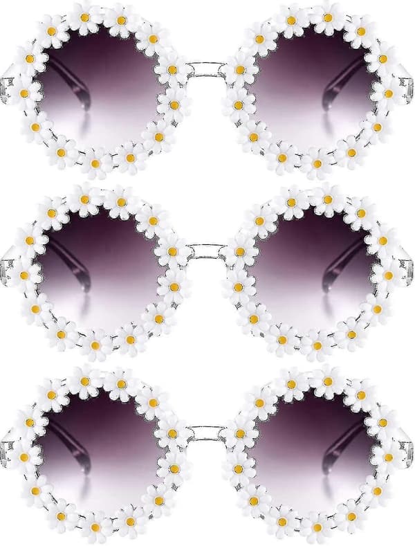 3 pakker Retro Daisy solbriller til kvinder Blomst Runde Disco solbriller Nye blomsterbriller til voksne børn - XC