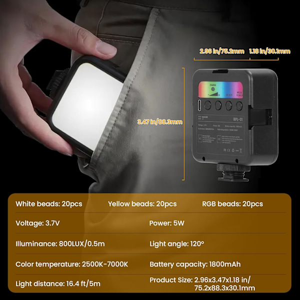 RGB-kameravideolampa: LED Vlog-belysning Fullfärg Dimbar 2500-7000K Ljus Starkt On-Camera-ljus 1800mAh Uppladdningsbar med 3 Cold Shoe Light Attach