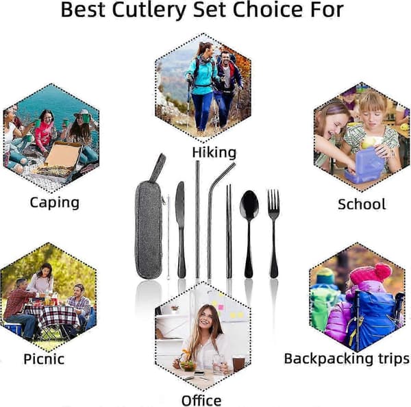 Bærbart Bestiksæt, 8 Dele Rustfrit Stål Bestiksæt, Camping Bestiksæt, Stålbestik, Nomadisk Bestik (Sort)