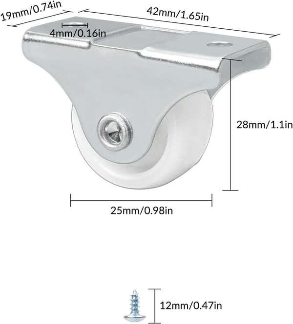 Sett med 25 mm mini-hjul i gummi og plast i metall svingbart C