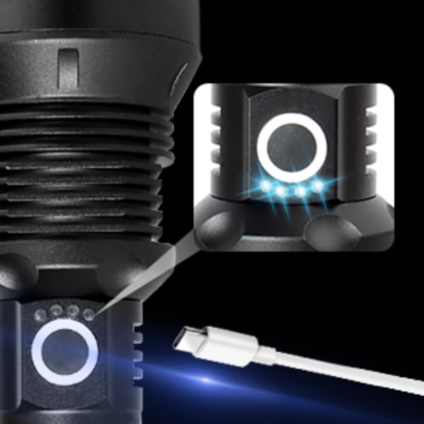 SuperBrightFlashlights, HögLumensUppladdningsbar, XHPLedChip, FleraBelysningslägen, SnabbladdningTypeC, FlygplansklassadAluminiumlegering, Nödläger