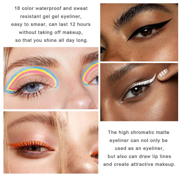 18 Färgade Retraktila Matta Gel Eyeliners Ögonpennor Pennset Flerfärgad för kvinnor, Regnbåge Vattentät Färgad Eyeliner Ögonskugga Penna