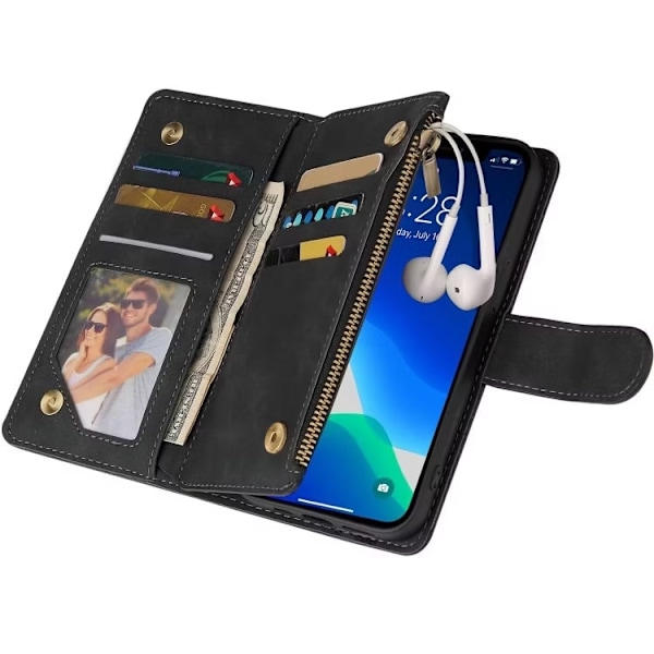 iPhone 14 - Multifunktionellt Plånboksfodral Zipper 8-Fack Svart