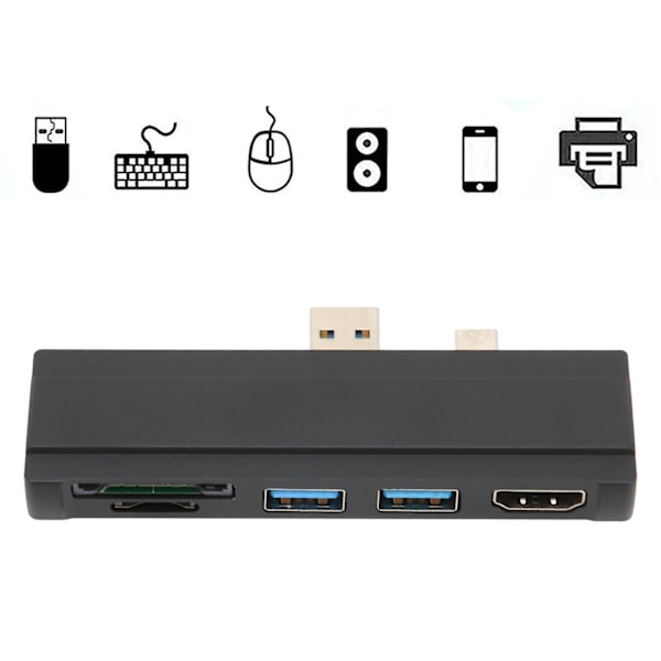 För Surface Dock 5 i 1 5 Gbps Minneskortläsare 4K Upplösning Aluminiumskal Hot Swap USB3.0 Hub för Win10 för Win XP Svart