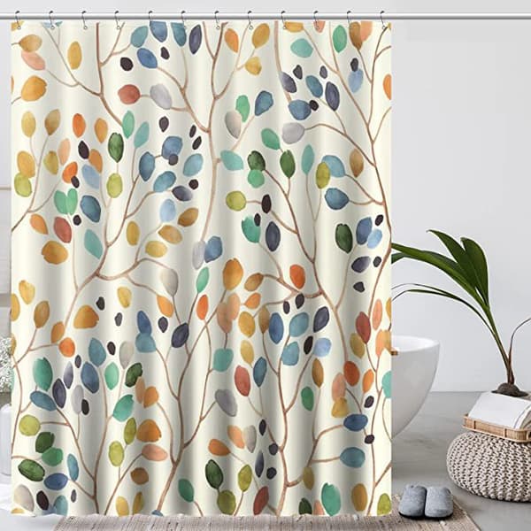180×180CM Duschdraperi med botaniska blommor och krokar