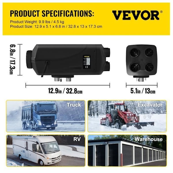 Dieselvärmare 12V 8KW VEVOR Luftvärmare Svart med ljuddämpare och switch LCD-skärm komplett kit för lastbilar RV-båtar Svart