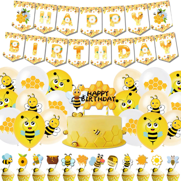 Bi-tema Dekoration för Födelsedagsfest, Muffin Toppers, Blomster Söta Bi-design, Ljust Gul och Svart Papper, Perfekt för att Fira Bin, 1 Flagga