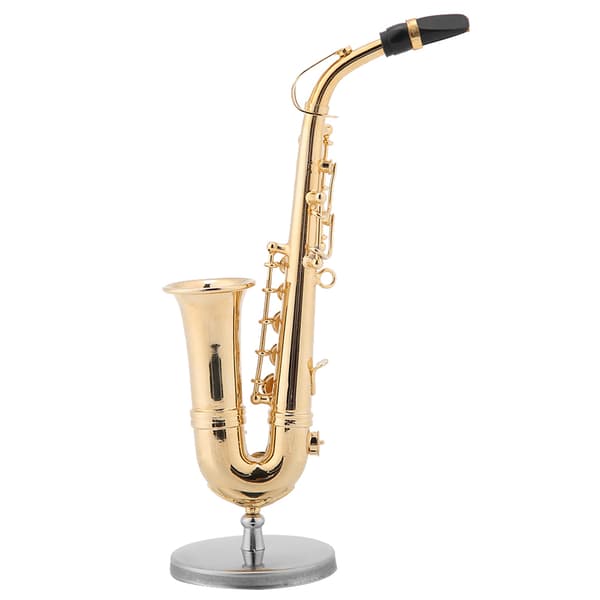 Kvalitetshåndverk, utsøkt utførelse, miniatyr musikkinstrument, metallkonstruksjon gullbelagt altsaksofonmodell for bokhylle/skrivebord