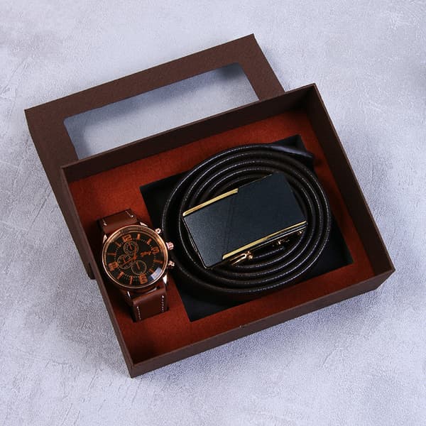 Herrset i 3 delar i brunt (brunt bälte + klocka + elegant presentförpackning) brown