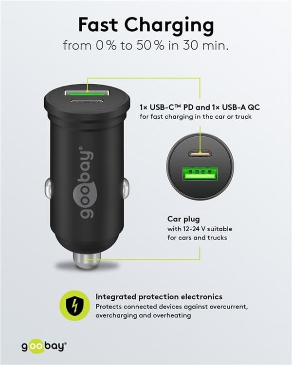 Dobbel USB-billader, USB-C™ PD, 45 W, egnet for USB-C-enheter