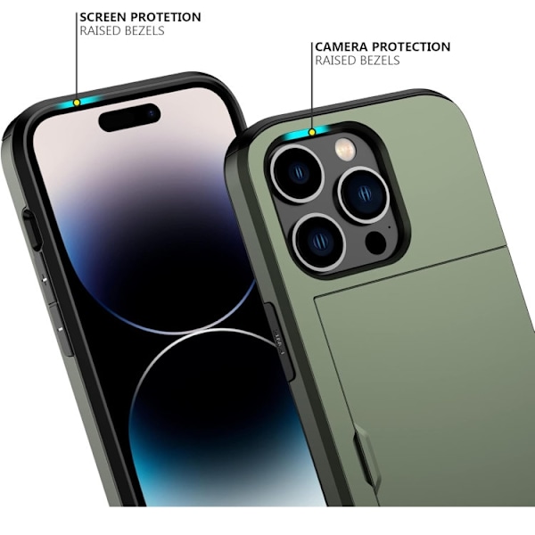 iPhone 14 Pro - Stöttåligt Skal med Kortfack Extra Förstärkt Grön Green