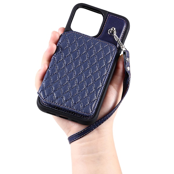 Phone case för Iphone 15 Pro Max Rfid Blocking Pu Läderbelagd TPU-skal med handledsrem Blue