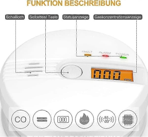 Kuliltealarm CO-detektor med testknap og digitalt display, 85dB alarm