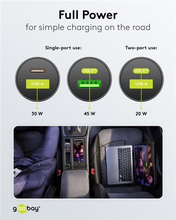Dobbel USB-billader, USB-C™ PD, 45 W, egnet for USB-C-enheter