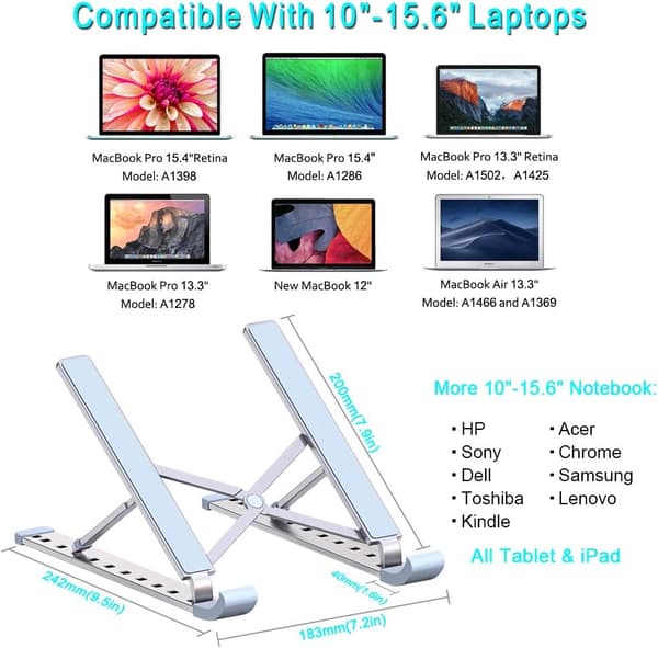 Justerbart och bärbart laptopställ, aluminiumlegering säkerställer lättviktsstabilitet, stöder laptops upp till 15,6\", har vikbar design för enkel förvaring
