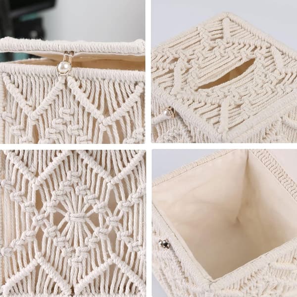 Tissue Box Cover Boho Dekor, Utsökt Hantverk Macrame Fyrkantig Förvaring med Mjukt Innerfoder, Stilfull Handgjord Vävd Kub för Badrum