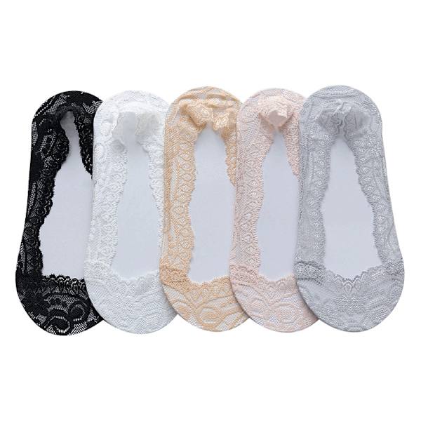 5 par usynlige lave sokker for kvinner, elastisk blondebomull, ingen