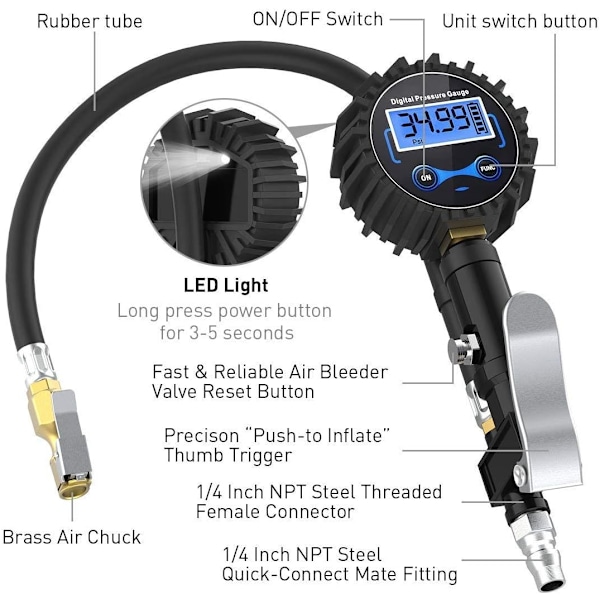 Däckpump med digital precision, noggranna avläsningar upp till 0,1 PSI, flexibel gummislang för manövrerbarhet, byggd för att hålla, snabbkoppling för luft