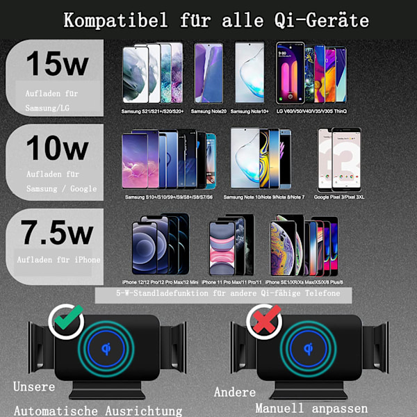 15W Qi Trådlös Billaddare, Snabb Trådlös Laddning Auto Clamp Fäste för Samsung Galaxy Z Fold 3 2, Iphone 16 15 14 Pro Max, Justerbar Instrumentbräda