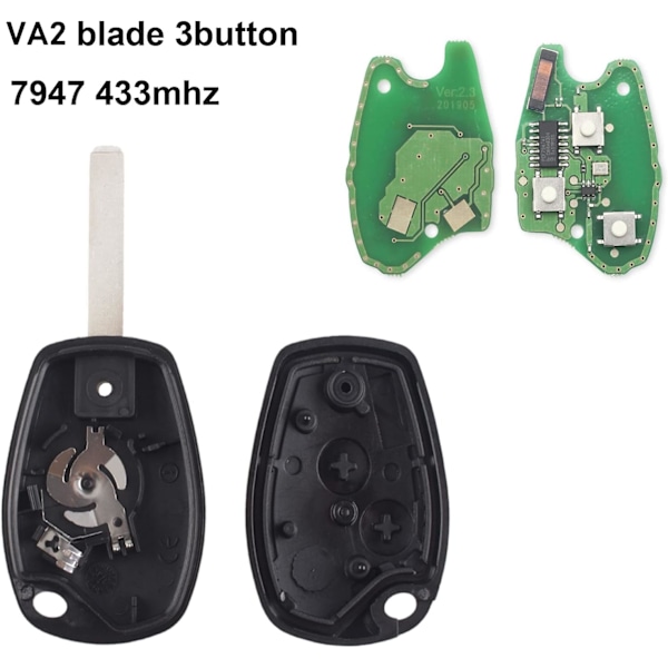 2 knappar 433 Mhz fjärrkontroll bilnyckelbricka skal med PCF7947 chip VA2 blad för Ren-ault Kangoo 2 Clio 3 Duster Modus Twingo DACIA Logan