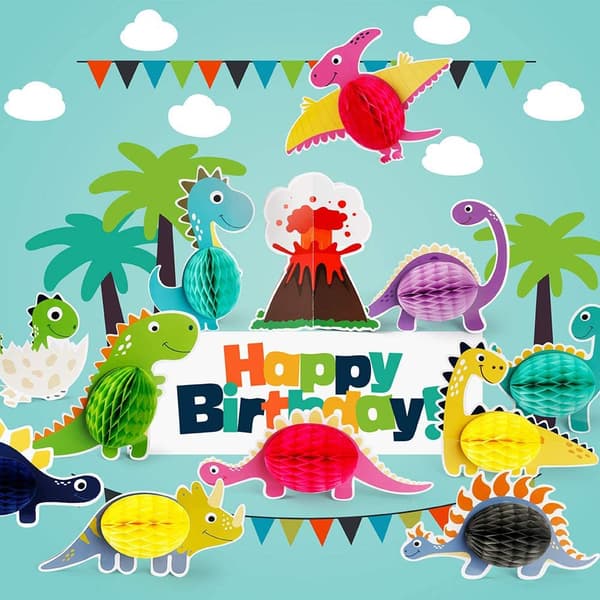 12 stycken, tredimensionella dinosauriefest honeycomb bordsdekorationer