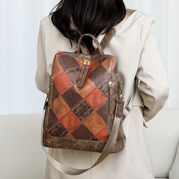 Patchwork diamant-quiltet PU-rygsæk, stor kapacitet, brun Brown