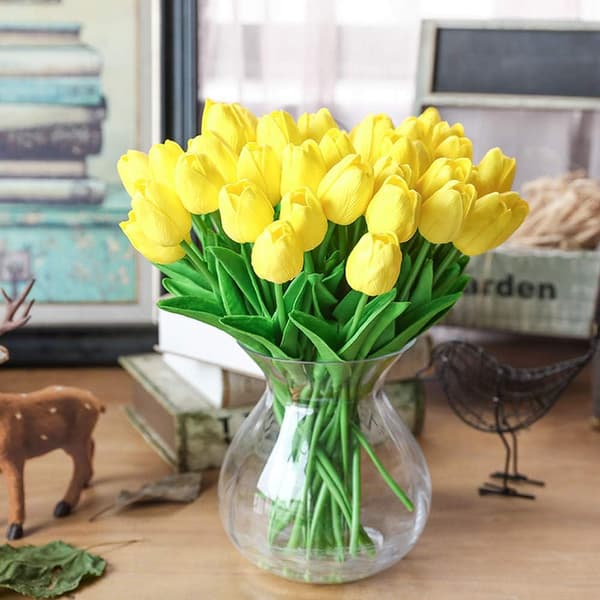 Sæt med 10, gule kunstige tulipaner kunstig blomst latex materiale