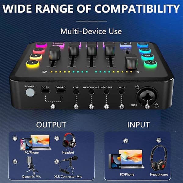CASA Gaming Lydmixer, Streaming RGB PC-Mixer med XLR-Mikrofoninterface, Volumenfader, 48V Fantomstrøm