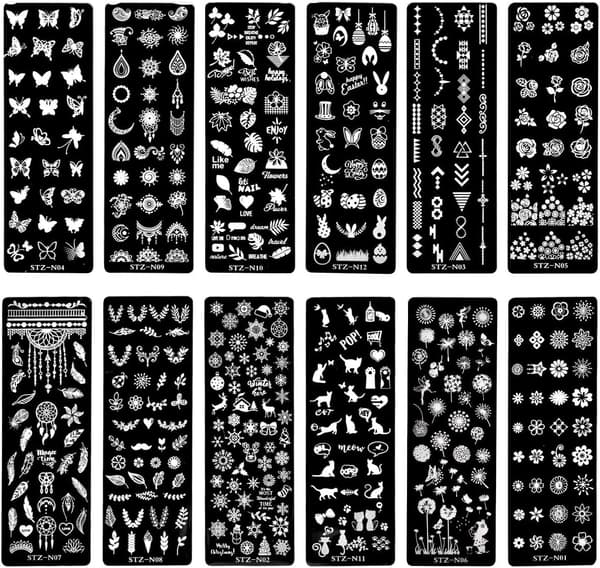 12 stk neglekunstplater med stempel, skrape, stempling, negl