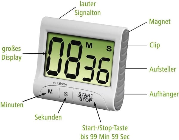 Køkkentimer \"Countdown\" (med timer- og stopursfunktion, att