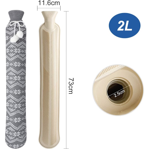 Långvarig isolering Varmvattenflaska med supermjukt tyg, flexibel luktfri ren naturgummi för användning i flera scenarier, 2 liters kapacitet för