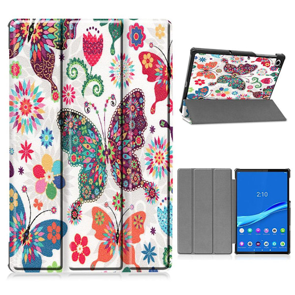 Lenovo Tab M10 FHD Plus läderfodral med trefaldigt mönster - Fjärilsblommor multifärg