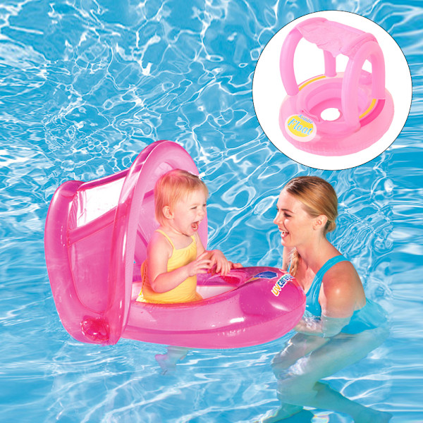 Baby Pool Float med Tak, Uppblåsbar Baby Simring Båt med Säkerhetsstol Solskydd för Baby