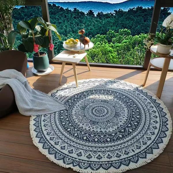 Utendørs teppe mandala teppe rundt 120cm vaskbart bomullsteppe