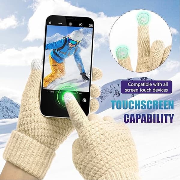 Termiske handsker til kvinder, touchscreen strikhandsker med blødt varmt for og skridsikkert design, vintervarme fleeceforede touch-sensitive handsker til Beige