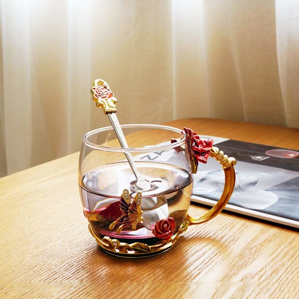 Fjärilsdesign Tekopp med Matchande Sked, Elegant Borosilikatglas Kaffemugg för Perfekt Gåva, Röd Ros Blomma Handgjord Emalj Dryckesbehållare