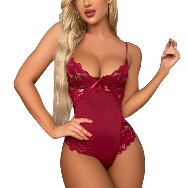Bodysuit i ett stycke Mini Spets V-ringad Rygglös Ärmlös Sovplagg för Kvinnor Smekmånad Vinröd XXL