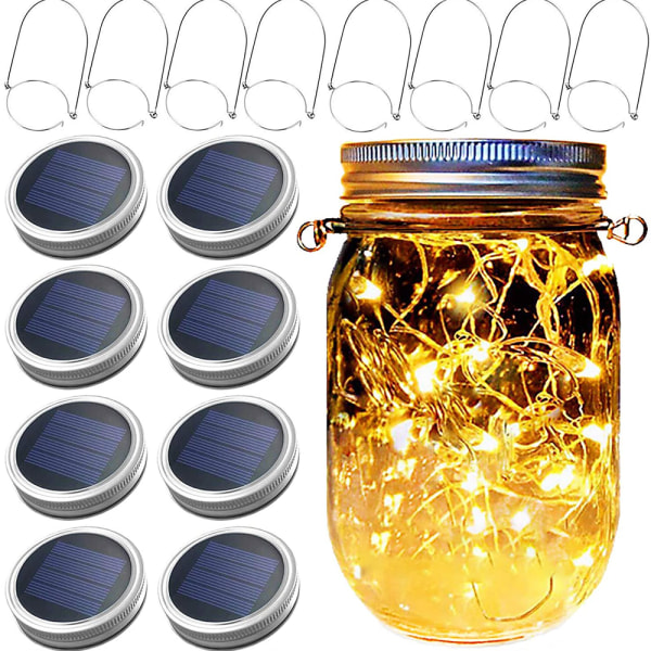 8 Pack - Mason Jar Solar Lights, 20 LED String Lights Lock