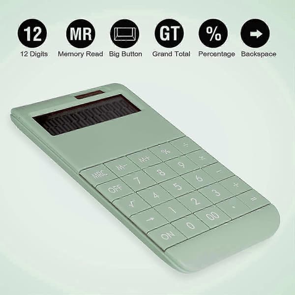 Skrivbordskalkylator Standardfunktion, 12-siffrig LCD Stor Skärm och Stor Knapp, Batteri/Solcellsdriven - Grön
