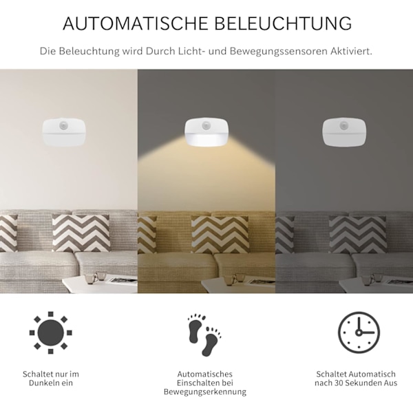 Innovativ Rörelsesensor Nattlampa, Batteridriven, Auto På/Av PIR-teknik för Hall Trappa Badrum Garderob Sovrum (2-pack)