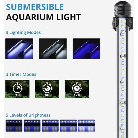 LED-akvarielampa med timerfunktion, dränkbar vit och blå belysning, justerbar belysning för akvarium, 4W, 230 LM