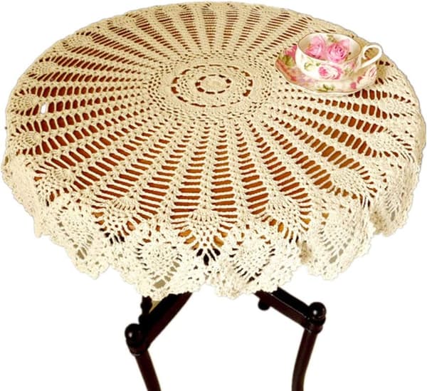Handgjord Vintage Rund Spetsduk Bomull 90cm, Bomull, beige