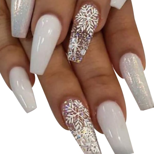 på naglar glänsande vita falska naglar snöflingor efterbehandling