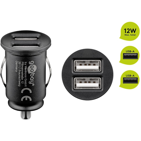 Billaddare, 2 USB portar, 2,4A, svart Ciggladdare, 44177 Goobay svart