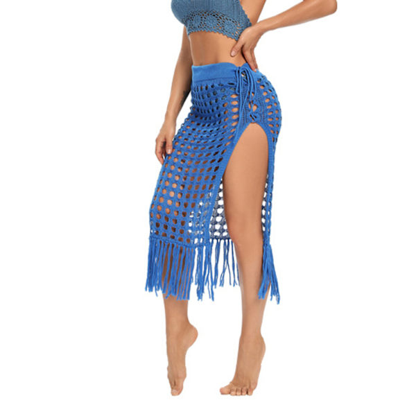 Dam Hollow Out Kjolar Mesh Tofs Stickad Delad Fåll Hög Midja Sida Knytning Strandöverdrag Sarong Himmelsblå L