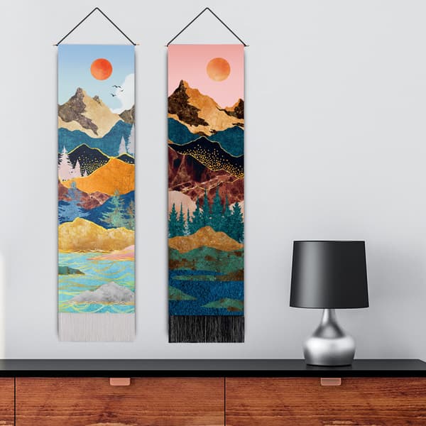 Sæt med 2 bjerglandskabstapeter - 32,5x130cm malet sol